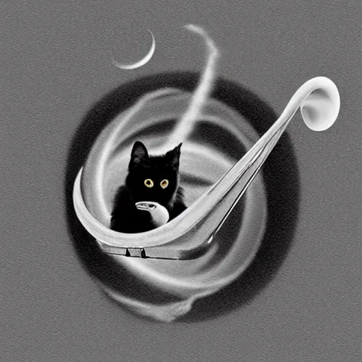 Image similar to cat surfing a black hole while playing the trombone