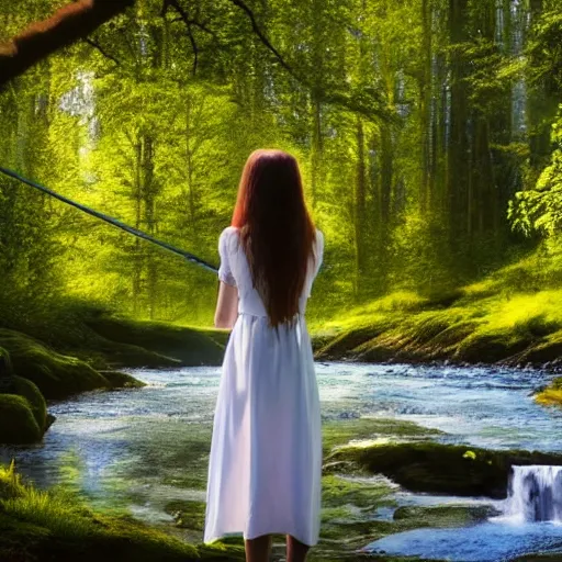 Prompt: a beautiful painting of the back view of a young lady in white dress washing her long hair by the river in a grown forest, sunlight reflected on the river, Celtic