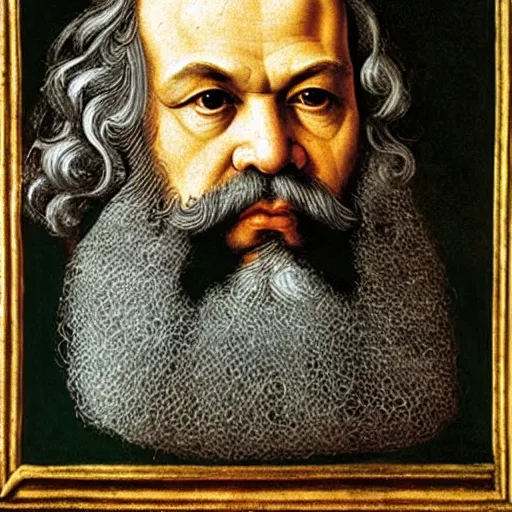 Image similar to beautiful renaissance painting portrait of karl marx by sandro botticelli, jan van eyck, tiziano vecelli, piero della francesca