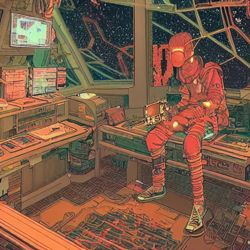 Prompt: Stunningly intricate illustration of a cyberpunk explorer playing video games in his treehouse, highly detailed, midnight, by Victo Ngai and James Gilleard , Moebius, Laurie Greasley
