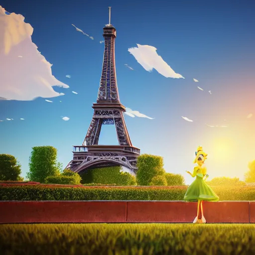 Image similar to Disney character Miraculous posing in front of the eiffel tower, octane render, rimlights. fresh, sunny day