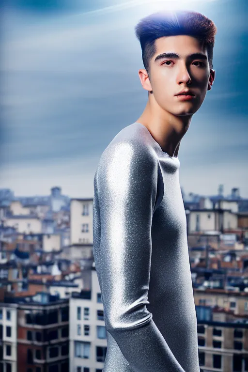 Image similar to un ultra high definition studio quality photographic art portrait of a young man standing on the rooftop of a british apartment building wearing soft padded silver pearlescent clothing. three point light. extremely detailed. golden ratio, ray tracing, volumetric light, shallow depth of field. set dressed.