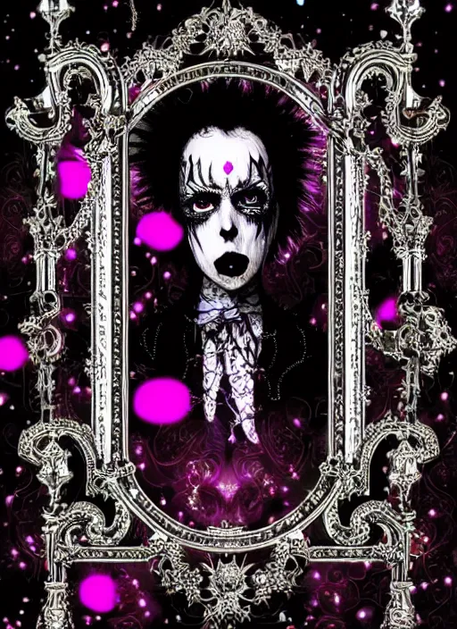 Prompt: baroque bedazzled gothic royalty frames surrounding a pixelsort emo demonic horrorcore japanese Edward Scissorhands, sharpened early computer graphics, remastered chromatic aberration