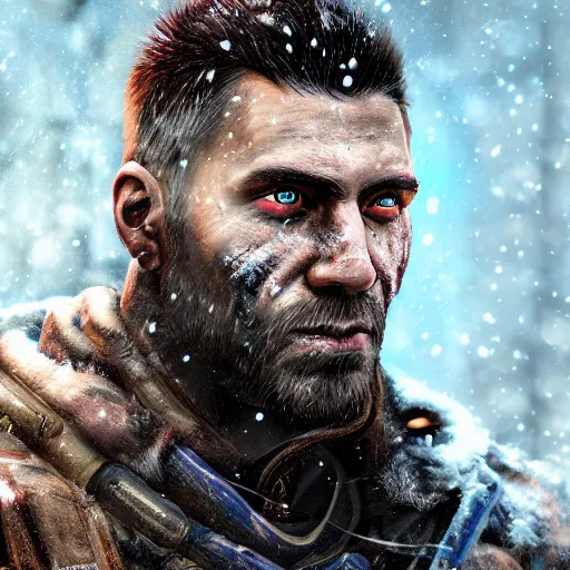 Image similar to A comic book style portrait painting of a male modern warrior in a a post apocalyptic winter landscape, unreal 5, DAZ, hyperrealistic, octane render, RPG portrait, ambient light, dynamic lighting