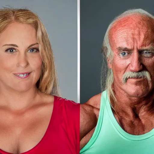 Image similar to uhd, high resolution photography of woman, genetic combination of hulk hogan and donald trump face and upper body, body focus