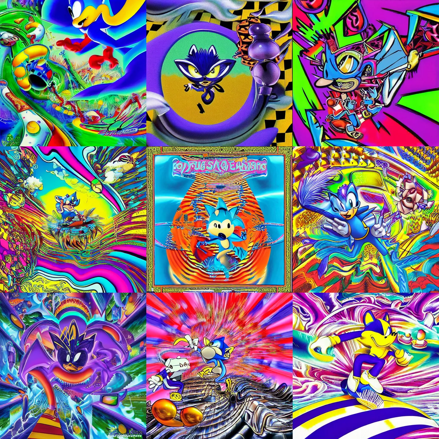 Image similar to surreal, sharp, lowbrow, detailed professional, high quality airbrush art MGMT album cover of a liquid dissolving LSD DMT blue sonic the hedgehog surfing through cyberspace, purple checkerboard background, 1990s 1992 acid house techno Sega Genesis video game album cover