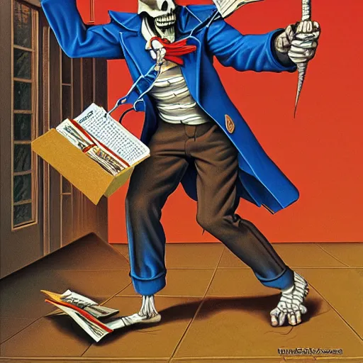 Prompt: skeleton delivering mail by Greg Hildebrandt