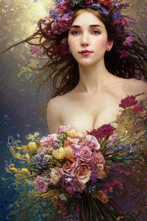 Prompt: portrait of a beautiful mysterious woman holding a bouquet of flowing flowers, hands hidden under the bouquet, submerged underwater filled with coral reef, fantasy, regal, intricate, by stanley artgerm lau, greg rutkowski, thomas kindkade, alphonse mucha, loish, norman rockwell