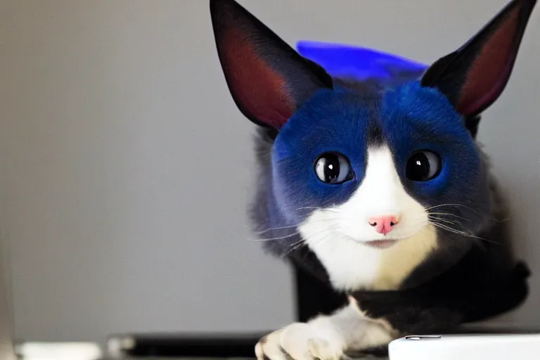 Image similar to a blue - and - black male catbat fursona with blue / green heterochromatic eyes ( differently - colored eyes, one green, one blue ) and huge bat ears, photo of the catbat streaming on his computer