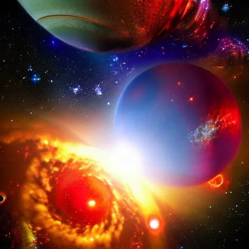 Image similar to 3D photorealistic picture of Ashtar galaxy universe stars planets