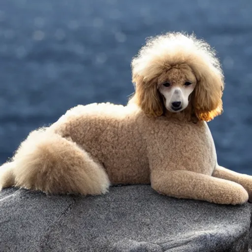 Image similar to cross between a poodle and a leppard seal, basking on arctic rocks, fluffy white curly fur, award winning photography