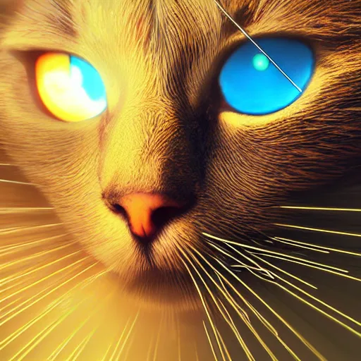 Image similar to cat android shooting laser from eyes, digital art, epic perspective, cinematic