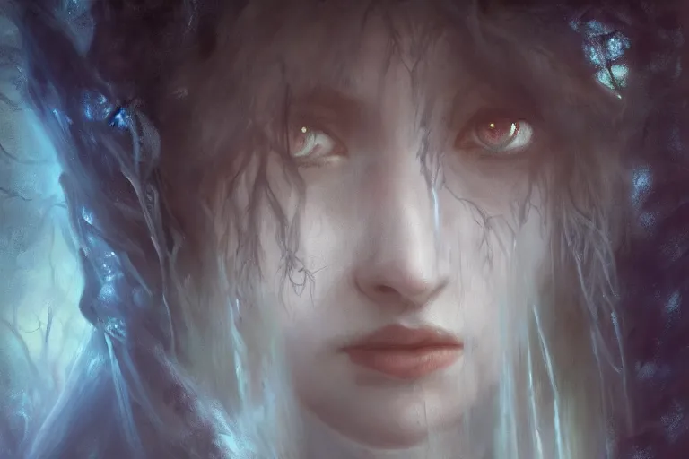 Image similar to cinematic painting, portrait of a dryad, fey, mysterious, she's emerging from shadow, face partially hidden by a hooded cloak, ice blue eyes, determined expression, maenad, autumn forest, cinematic fantasy painting, trending on art station, hard focus, cinematic lighting, ominous shadows by brian froud and jessica rossier and gaston bussiere