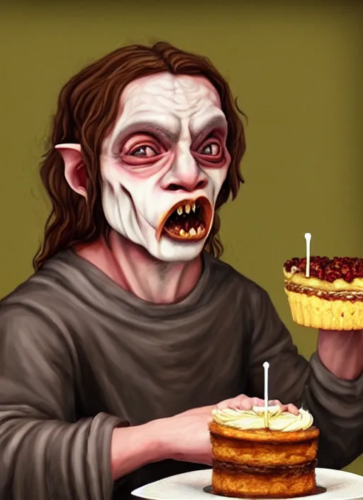 Image similar to portrait of a medieval goblin eating cakes in the cloisters beautiful face hyper realistic highly detailed digital painting artstation illustration co