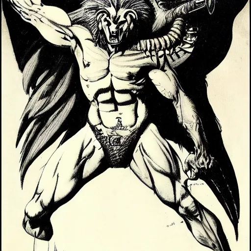 Image similar to a creature with the body and eyes of a man, with the beak of an eagle, the mane of a lion, and the horns of an ox. drawn by frank frazetta