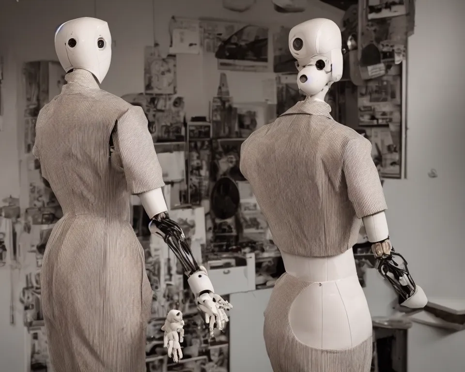 Image similar to rear view of a realistic humanoid female robot wearing 1950s style women clothing, close view