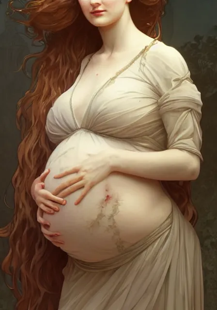 Image similar to sansa pregnant mummy zombie, intricate, elegant, highly detailed, digital painting, artstation, concept art, smooth, sharp focus, illustration, art by artgerm and greg rutkowski and alphonse mucha and william - adolphe bouguereau