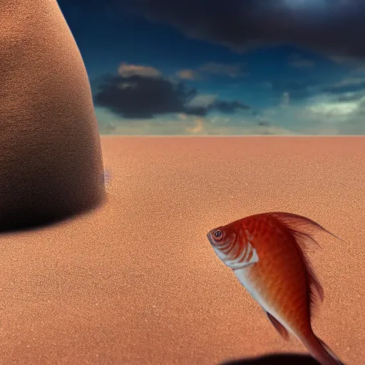 Image similar to a high resolution photo of a beautiful muscular fish watching the end of the universe in the desert