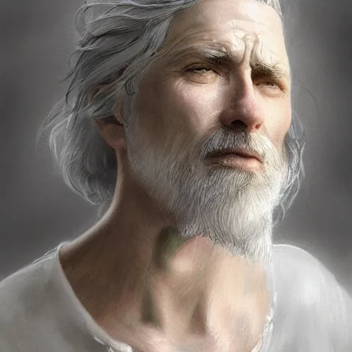 Image similar to epic portrait a beautiful man wearing a white blouse with short sleeves, Long gray hair, scars, beard, cool, digital painting, artstation, concept art, soft light, hdri, smooth, sharp focus, illustration, fantasy, intricate, elegant, highly detailed, D&D, matte painting, in the style of Greg Rutkowski and Alphonse Mucha and artemisia, 8k, highly detailed, jurgens, rutkowski, bouguereau, pastoral, rustic, georgic, detailed concept art, illustration, colorful pastel, painting, detail, ultra detailed, digital art, 4K,