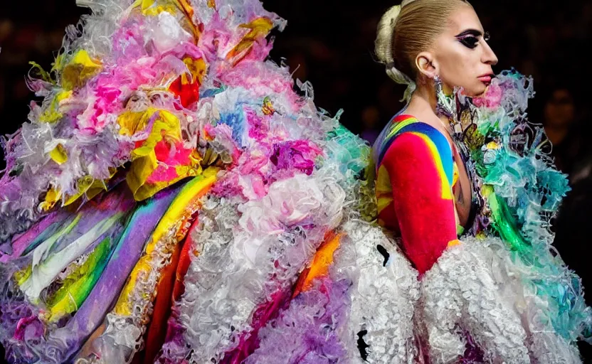 Prompt: IMG_975.raw, lady gaga ,beautiful composition, alexander mcqueen, colourful , 50mm f1.8, ambient light,