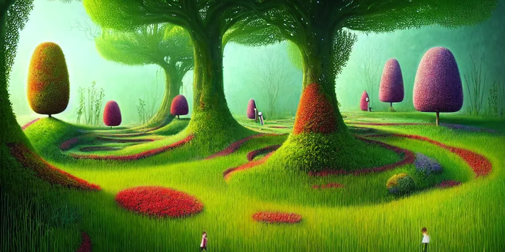 Prompt: Beautiful artwork garden of the future, overgrown with fir trees and plants. Nice colour scheme, warm colour. Beautiful artistic digital artwork by artist Lurid. (2022), Gediminas Pranckevicius