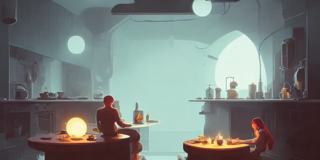 Image similar to minimalistic kitchen dim lit by a candle ripped physique simon stalenhag gerald brom bastien grivet by greg rutkowski, fisheye camera, extreme perspective