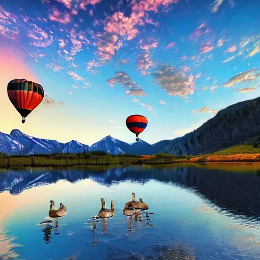 Image similar to photo of two black swans touching heads in a beautiful reflective mountain lake, a colorful hot air balloon is flying above the swans, hot air balloon, intricate, 8k highly professionally detailed, HDR, CGsociety