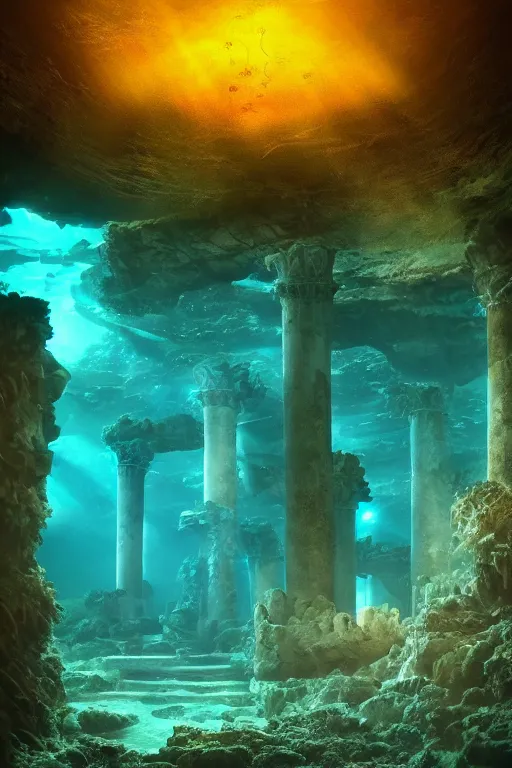 Prompt: high quality sharp photo of cinematic underwater dystopian byzantine city ruins with giant bioluminescent multicolor mutant plants and cyborg jellyfish, digital art masterpiece, aykut aydogdu eric zener, very dramatic volumetric light, long shot, ground angle uhd 8 k, deep focus