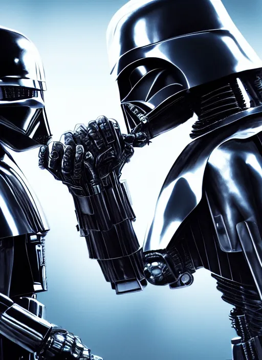 Image similar to Film poster, RoboCop VS Darth Vader, faces look at each other, detailed and realistic, 4k, filmic render