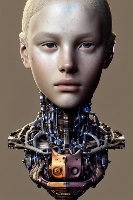 Prompt: beautiful portrait of a teen robot, dystopian, biopunk, skin details, digital painting, sculpted in zbrush, artstation, concept art, smooth, sharp focus, illustration, chiaroscuro, soft lighting, golden ratio, rule of thirds, fibonacci, art by Audubon, incredible art by Stanley Artgerm Lau and Greg Rutkowski, composition by mike mignola and Simon Stalenhag,