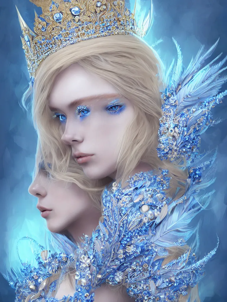 Image similar to A beautiful blonde Slavic woman, highly detailed full body, beautiful blue eyes, detailed intricate blue crown, feathers, wearing fancy clothes, highly detailed figure, fractal crystal, epic composition, ultra wide-shot, dynamic pose, concept art, beautifully lit, digital painting, smooth, desaturated color theme, character design, sharp focus, elegant, intricate, post processing, artstation, by WLOP, James Jean, Victo Ngai, ryohei hase