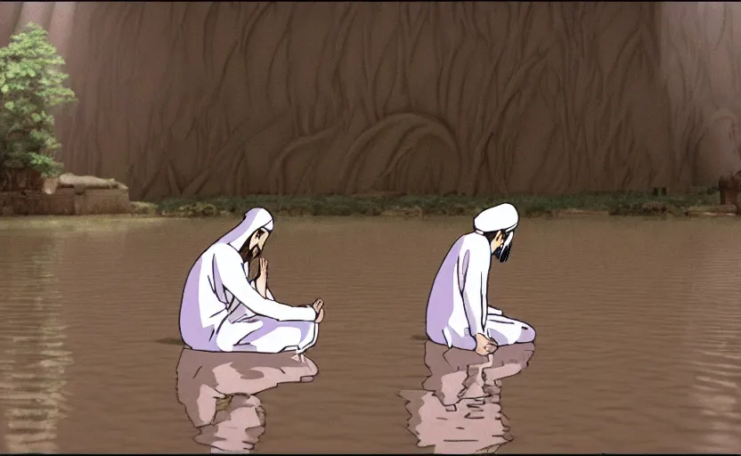 Image similar to a cell - shaded cartoon movie still from princess mononoke ( 1 9 9 7 ) of a middle eastern imam kneeling in prayer to an elegant angel in the lotus position in a flooded desert town with shafts of sunlight from above. very dull muted colors, hd, 4 k, hq