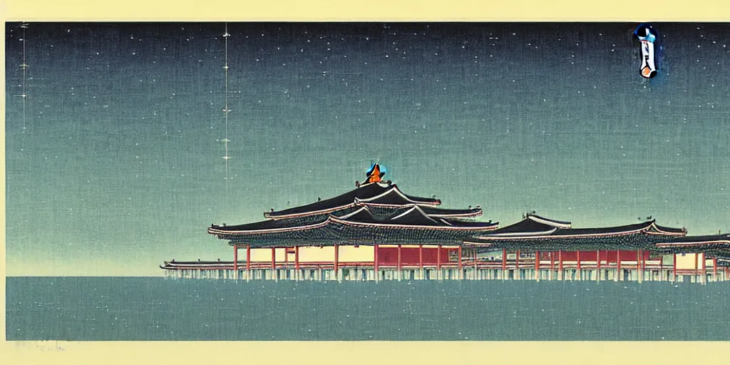 Prompt: a elder chinese space station by kawase hasui. hd