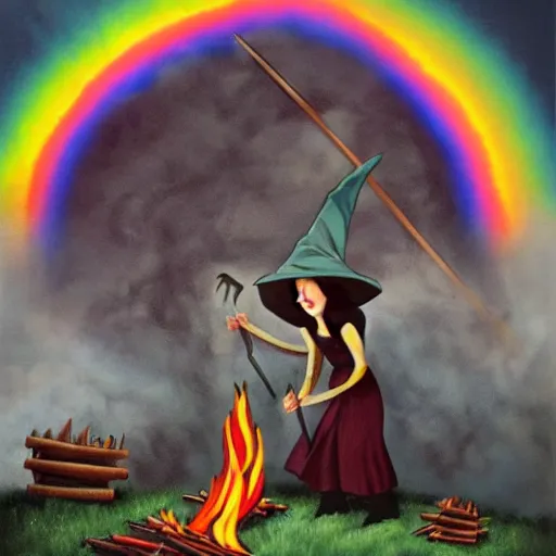 Image similar to a witch burning on stakes, but the fire is rainbows and smoke is spaziosa