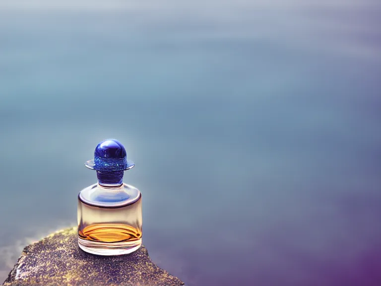 Prompt: perfume bottle standing on lilpadss in a deep blue pond ; 4 style of nicholas fols, 2 0 0 mm, mute dramatic colours, soft blur outdoor stormy sea background, volumetric lighting, hyperrealistic