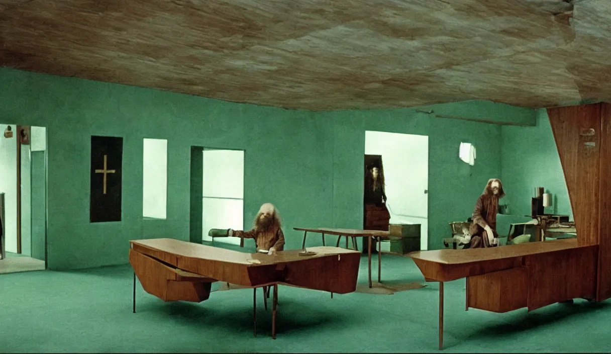 Image similar to a still of severance series indoor 7 0 s green velvet and wood with metal furniture office scenario appearing in a film of jodorowsky, in movie holy mountain ( 1 9 7 3 )