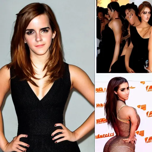 Image similar to emma watson mixed with kim kardashian, single full - figure profile