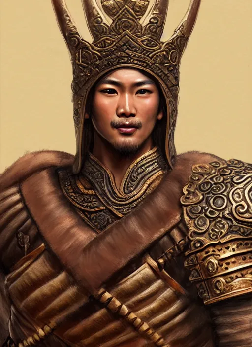 Image similar to king ramkhaheang, close portrait, historical, ethnic group, traditional tai costume, bronze headset, leather shoulder armor, fantasy, intricate, with leather armor cross onbare chest, elegant, loin cloth, highly detailed, oill painting, artstation, concept art, matte, sharp focus, illustration, hearthstone, art by earl norem