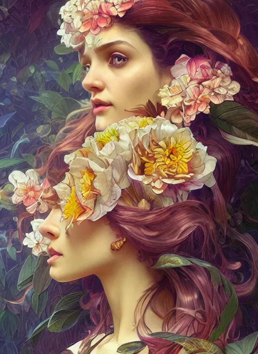 Image similar to Gardenia flowers, colorful, Grimes, psychedelic, intricate, elegant, highly detailed, digital painting, artstation, concept art, smooth, sharp focus, illustration, art by artgerm and greg rutkowski and alphonse mucha