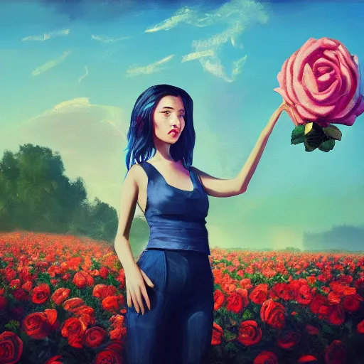 Image similar to portrait, giant rose flower head, girl in a suit, surreal photography, sunrise, blue sky, dramatic light, impressionist painting, digital painting, artstation, simon stalenhag