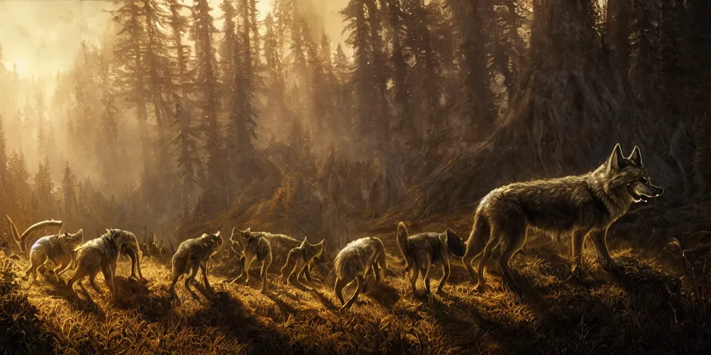 Image similar to the elder scrolls vi, wolves and their treasures, painted, intricate, volumetric lighting, beautiful, daytime, sunny weather, slight overcast, golden hour, sharp focus, deep colours, ultra detailed, by leesha hannigan, ross tran, thierry doizon, kai carpenter, ignacio fernandez rios