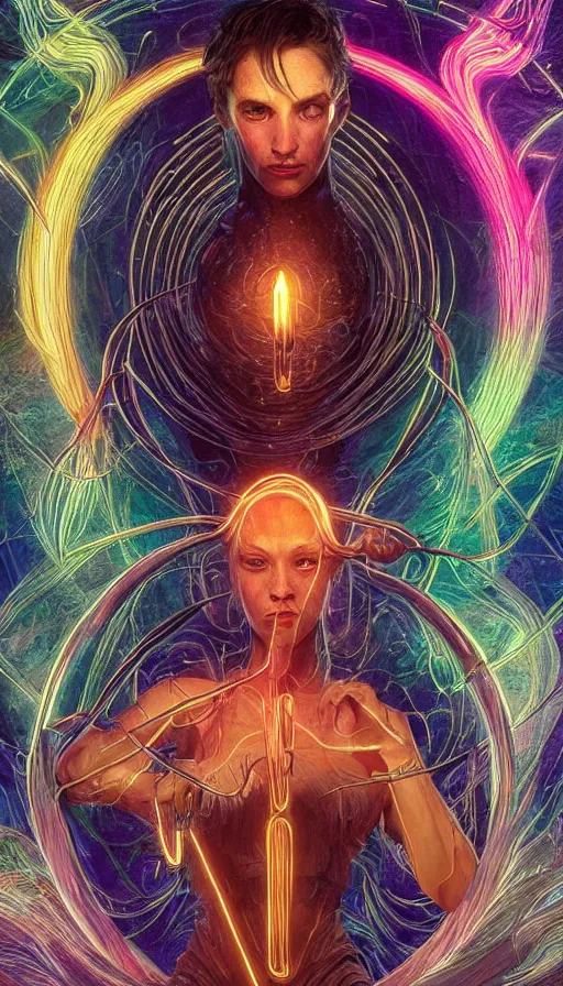 Image similar to tarot card, altered carbon, neon, fool, dreamy vibe, fibonacci, sweat drops, insane intricate, highly detailed, digital painting, artstation, concept art, smooth, sharp focus, illustration, unreal engine 5, 8 k, art by artgerm and greg rutkowski and alphonse mucha, laura sava, laura palmer