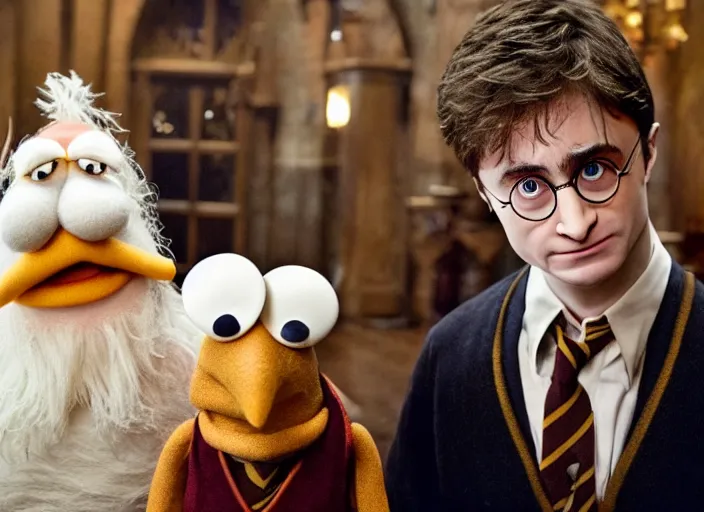 Prompt: film still of harry potter in the muppets movie, cinematic, epic, harry potter, daniel radcliffe