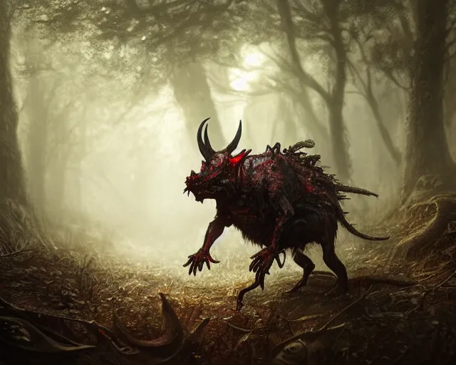 Prompt: 5 5 mm portrait photo of an armored demonic rat zombie with horns and red eyes, in a magical forest. magical atmosphere. art by greg rutkowski. highly detailed 8 k. intricate. lifelike. soft light. nikon d 8 5 0.