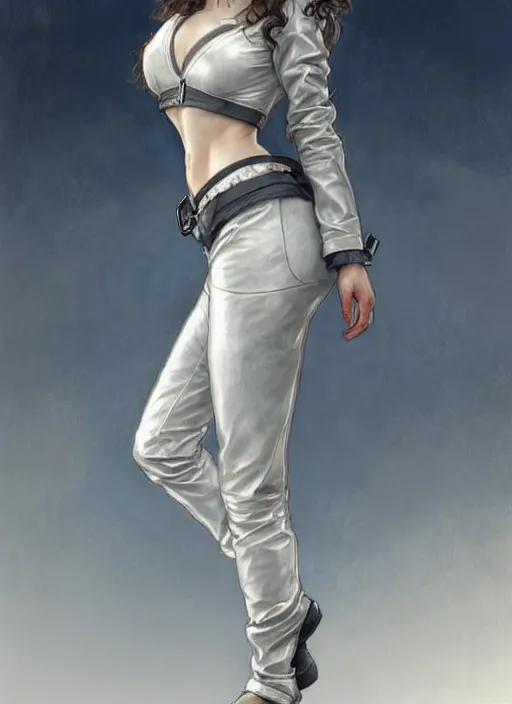 Image similar to girl in very short white! top and very short gray! leather jacket, open belly, long dark curly hair, high waist sweatpants, intricate, elegant, highly detailed, digital painting, artstation, concept art, smooth, illustration, art by artgerm and greg rutkowski and alphonse mucha