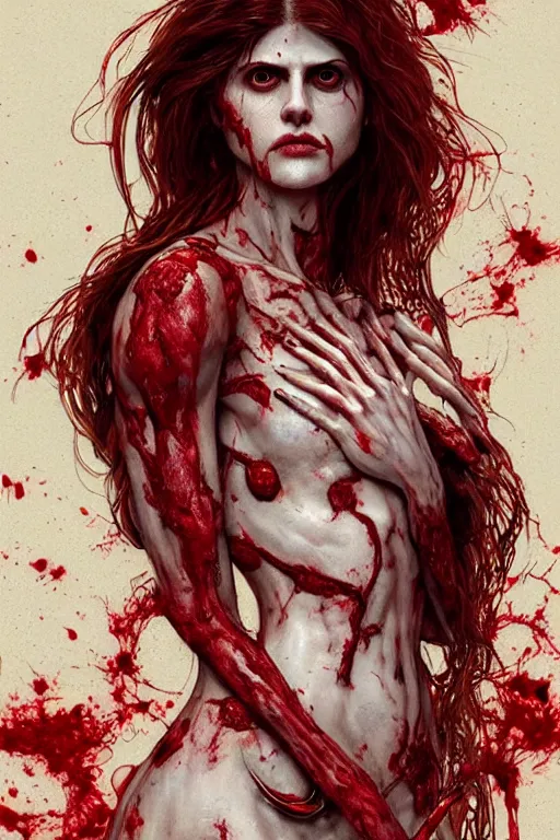 Prompt: woman skeleton covered with blood, alexandra daddario face, long red hair, ultra realistic, concept art, intricate details, highly detailed, photorealistic, octane render, 8 k, unreal engine. retro film still, heavy grain, 3 5 mm, art by artgerm and greg rutkowski and alphonse mucha