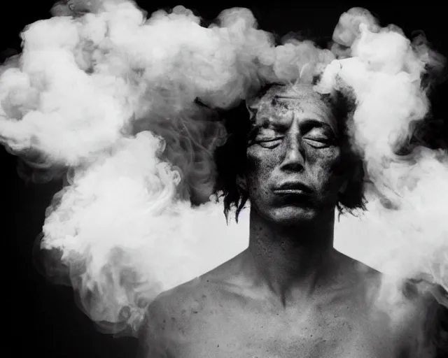 Image similar to a man who's head is turning into a puff of smoke, annie liebowitz, black and white