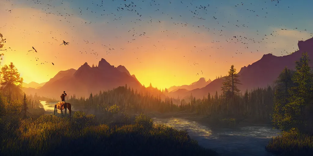 Image similar to A majestic landscape featuring a river, mountains and a forest. A group of birds is flying in the sky. There is man on a horse They are both staring at the sunset. Cinematic, very beautiful, painting in the style of firewatch