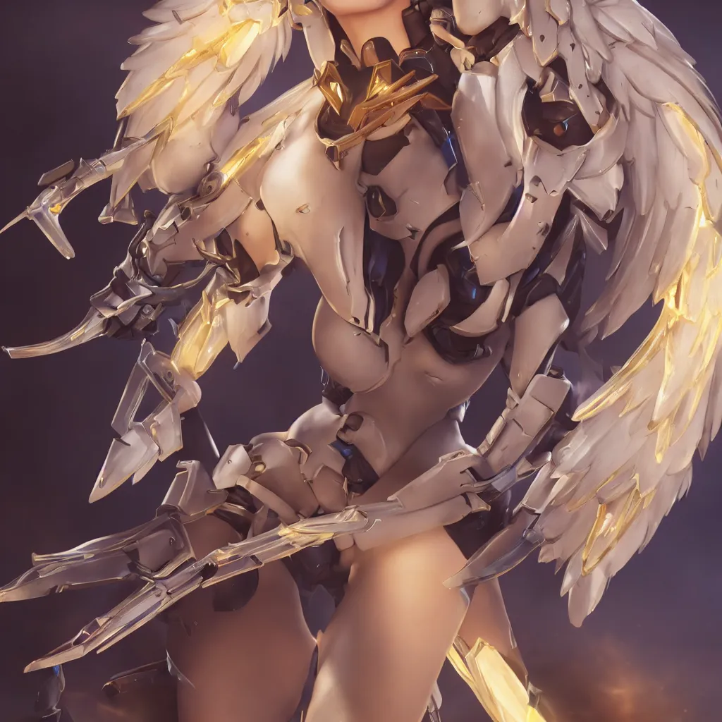 Prompt: Mercy from Overwatch game (2016), no background, close-up shot, intricate, elegant, highly detailed, centered, digital painting, golden hour, cinematic, award-winning, trending on artstation, trending in cgsociety, concept art, smooth, sharp focus, hdr, caustic lights, volumetric lighting, atmospheric lighting, illustration, cinematic, scan, ray traced, octane render, unreal engine, 4k, 3d, photorealistic, art by artgerm and wlop and ross tran
