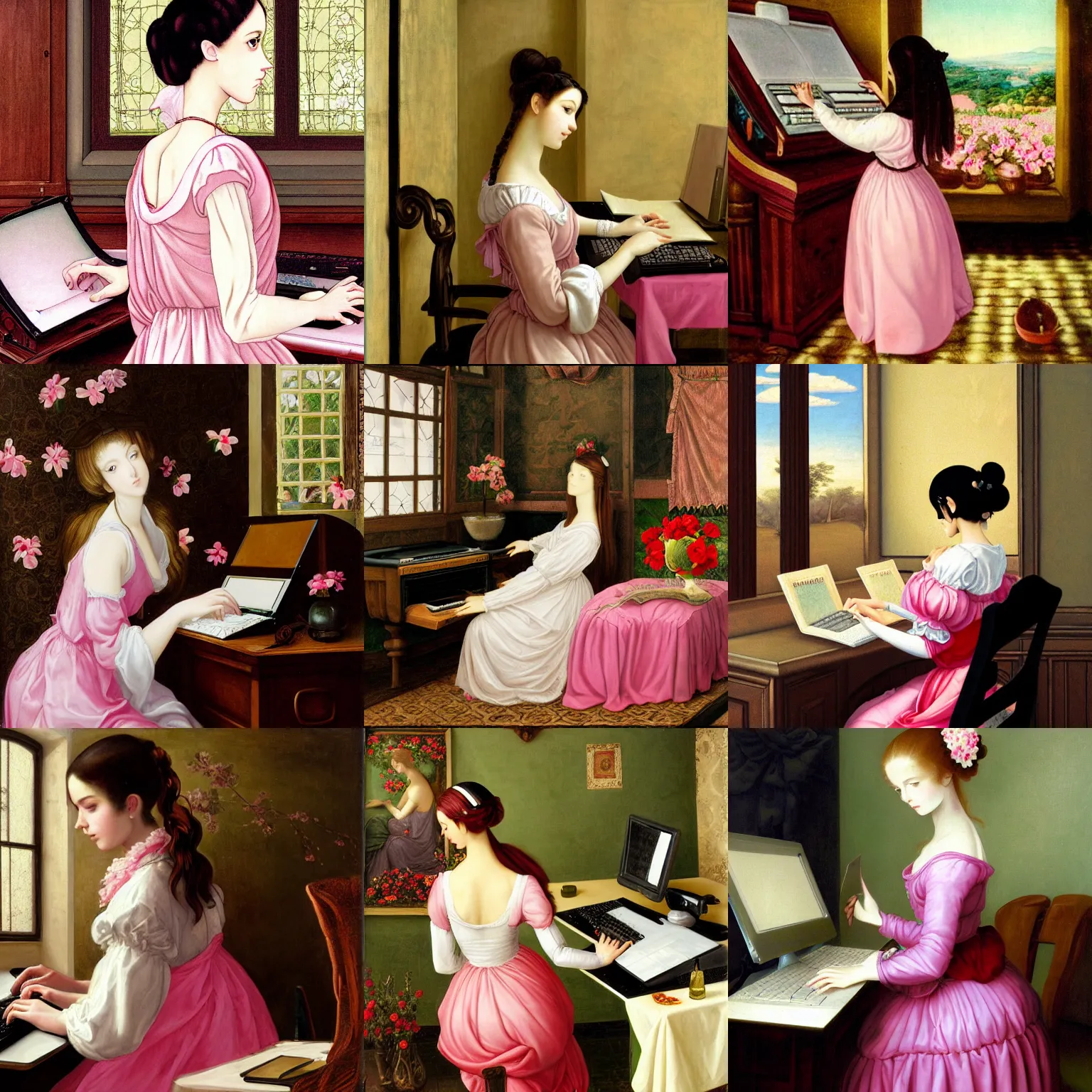 Prompt: full room view, skinny female artist back view, dark hair, white babydoll dress with pink flowers in manga renaissance style, typing on a computer keyboard facing a giant wall size computer screen in the style of renaissance oil painting